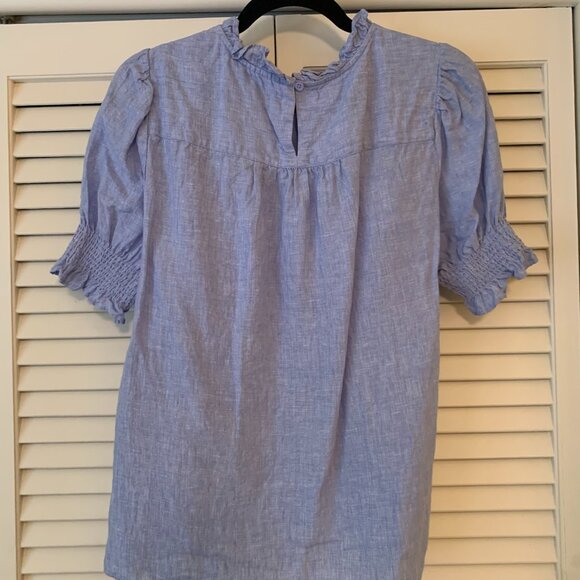 J. Crew Linen Ruffle Collar Blouse (M, French Blue) - Picture 2 of 6